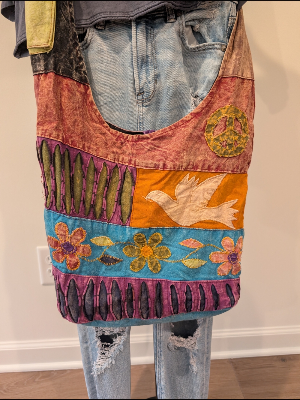 Boho Patchwork Crossbody Bag with Dove & Floral Embroidery